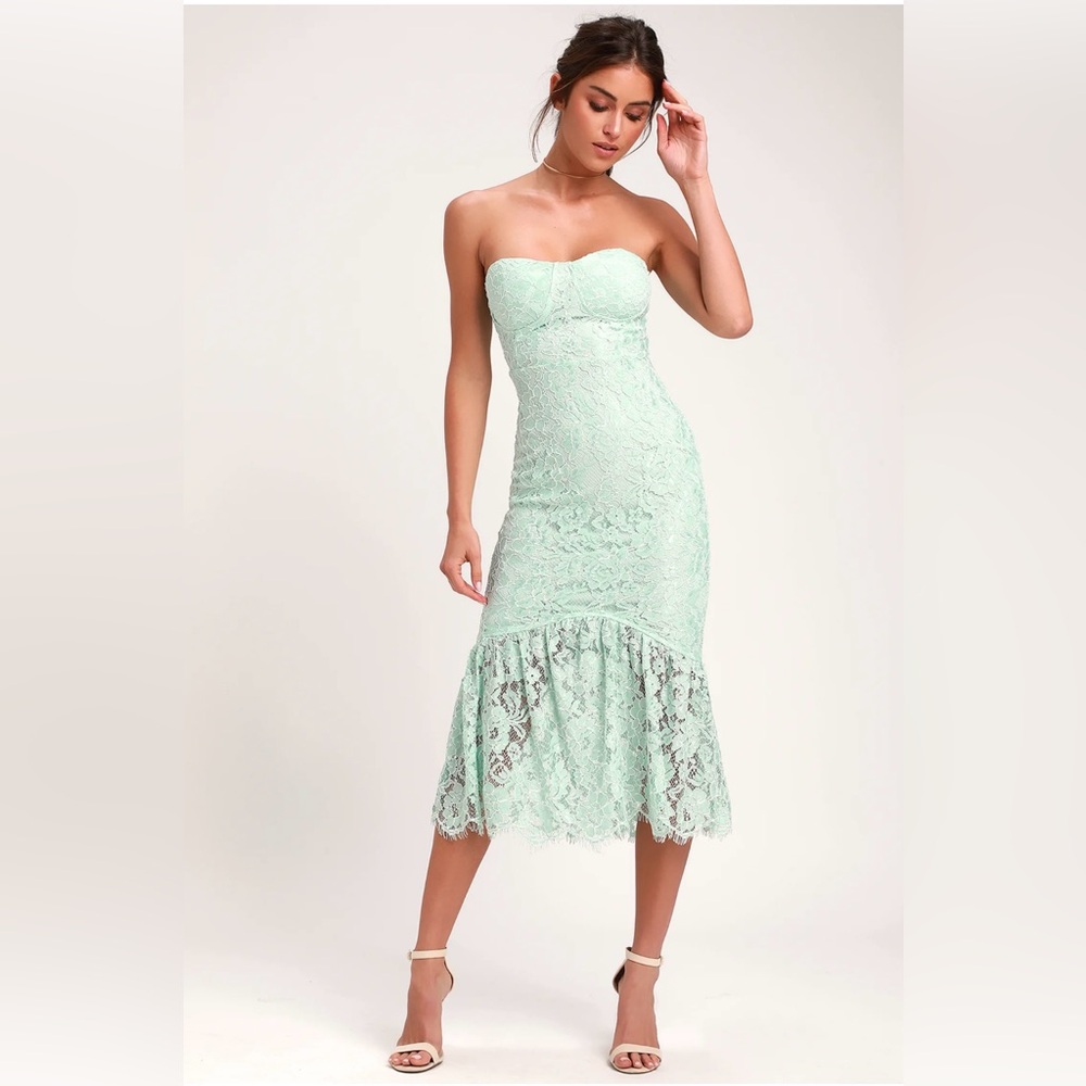 Lulu’s Divine Nights Mint Green Lace Strapless Midi Dress